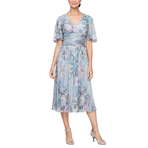 Image of S.L. Fashions Women's Short Sleeve Tea Length V-Neck Mother of The Bride Dress with Ruched Waist, Wedding Guest (Plus Size)