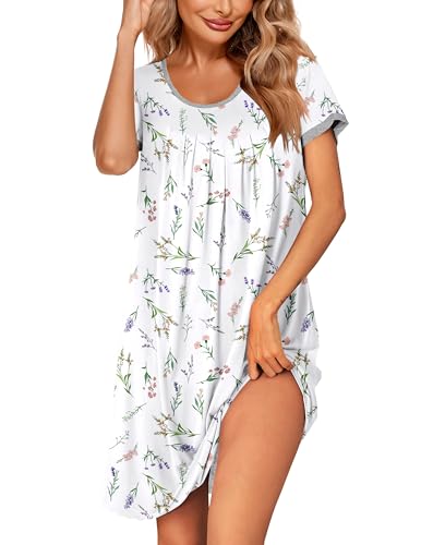 Image of Ekouaer Women's Nightgown Short Sleeve Sleepwear Comfy Sleepshirts Pleated Scoopneck Nightshirt S-XXXL