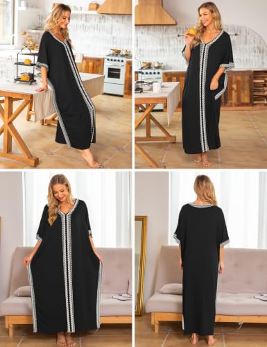 Image of Bloggerlove Caftan Nightgown for Women Cotton House Dress with Pockets