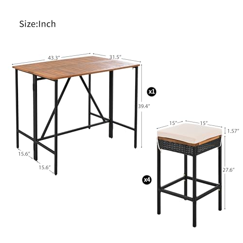 YOPTO 5 Piece Patio Wicker Bar Set,Outdoor Acacia Wood Bar Height Table with Foldable Table Top & 4 PE Rattan Backless Bar Stool Chairs with Cushion,for Bistro Garden Balcony,Backyard,Brown