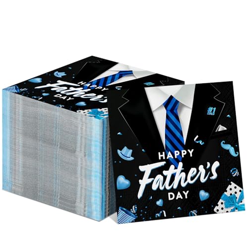 Teling 100 Pieces Happy Fathers Day Napkins 3 Ply Disposable Paper Blue Tie Cocktail Napkins Father's Day Gifts Dad Paper Towels Decoration for Father's Party Supplies(Suit Style)