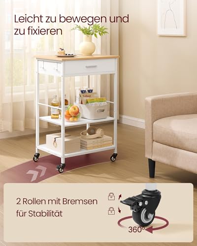 VASAGLE Küchewagen mit Rollen, mobiler Servierwagen mit Stauraum, Kücheninsel, 47 x 60 x 90 cm, Schublade, 2 Haken, für Esszimmer, eichenbeige-mattweiß KKI007Y01