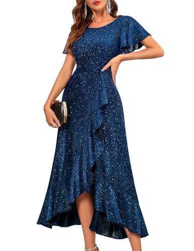 Image of BeryLove Women Sequin Formal Party Dress Flutter Short Sleeve Wedding Cocktail Long Evening Dress