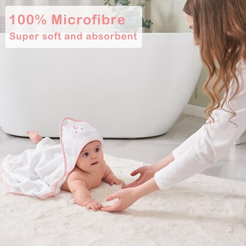 Image of Viviland Baby Towels and Wash Cloths Set - Hooded Towels, Face Towels, Burp Cloths or Wipes - Absorbent Bath Towels - 6-Pack, Size 28 x 28 Inch (Pink Unicorn)