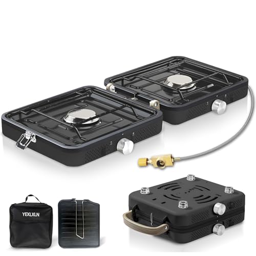 Fiutazge 2-in-1-Gascampingherd, Campingkocher mit Grillplatte & Tragetasche, Gaskocher 2 Flammig mit Piezo-Zündung, Collapsible & Tragbare für Camping, Wandern & Notfall-Kochkocher