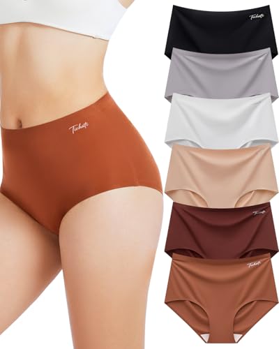 Tichati 6 Pack Womens Underwear High Waisted Seamless Breathable Full Coverage Briefs No Show Ladies Panties (Regular & Plus Size)