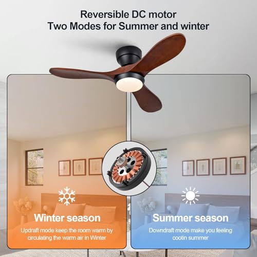 Image of 36 Inch Wood Flush Mount Ceiling Fans with Lights and Remote, Dimmable 3 Blade Wood Bedroom Ceiling Fan with Lights Low Profile Ceiling Fans with Light Outdoor Ceiling Fan for Patios Bedroom