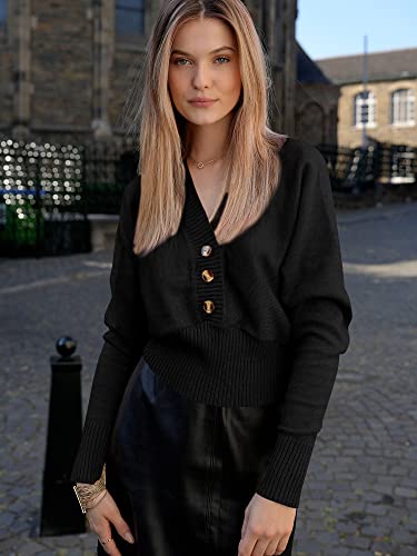 Image of ZAFUL Women V Neck Button Knit Crop Sweaters Batwing Sleeve V Back Ribbed Hem Pullover Sweater