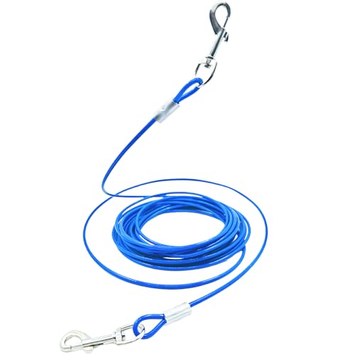 Dog Tie-Out Stake and Cable 30ft Heavy Duty Spiral Ground Stake Tethering Anchor Dog Leash Chain Rope Metal 360 Swivel Hook for Small Medium Large Dogs Outdoor (Single Cable)