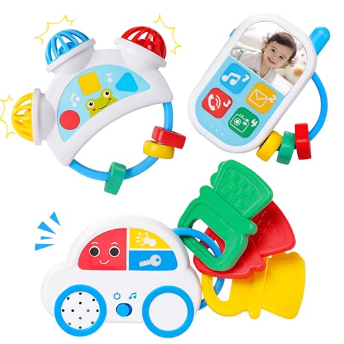Giocattolo Musicale per Neonato 3 6 9 Mesi, 3 Pezzi Giochi Educativi Musicali Portatili con Morditore e Suoni, Giocattoli Sensoriali Montessori per Bambini, Regalo di Compleanno o Natale