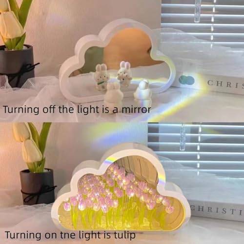 Image of Cloud Tulip Mirror Night Light, Bedroom Decor Bedside Table Lamp, Desktop Decor Gift for Friends, Birthday, Anniversary, Mother's Day (Purple, No Installation Required)