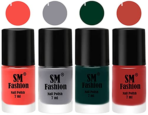 Image of Nail Polish Combo Set (Pack of 4) Quick Dry Gel Finish Nail Paint | Coral,Gray,Dark Green,Dark Nude | 7 ml Each