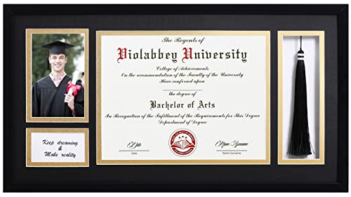 VIOLABBEY Matte Black Diploma Frame with Tassel Holder for 8.5x11 Certificates Document and 4x6 Graduation Pictures, College Degree Frame for Wall Mounted (Black Gold Double Mat)