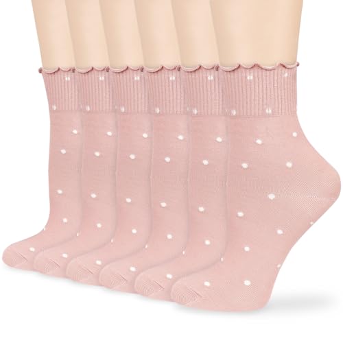 Image of Mcool Mary Women's Ruffle Socks,Casual Ankle Breathable Knit Cotton Cute Polka Dot Crew Frilly Sock 6 Pack