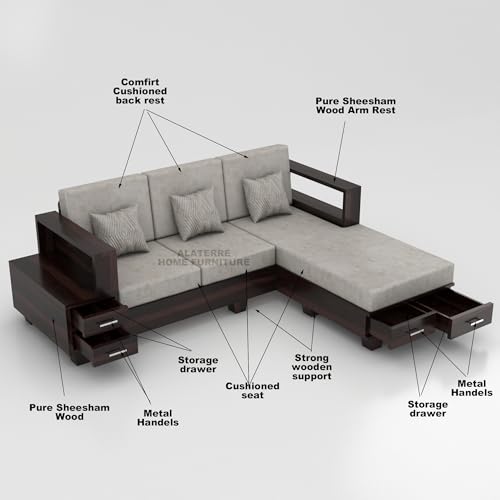 Image of Sheesham Wooden 4 Seater L- Shape Sofa for Living Room | Solid Wood Sofa with Side Box Storage & Cushion | Rosewood Sofa Set for Home & Office | Lounge (Walnut, 4 Seater)