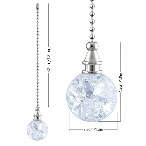 Image of 2 Pack White Glass Ceiling Fan Pull Chain, Fan Lamp String Pulls Crystal Decorative Extension, 12 Inches Ball Chains Extender Ornament with Connector