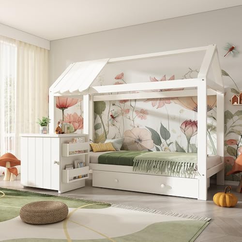 PUGSDRLY Cama infantil 90x200 cm de madera maciza, marco de cama individual con cajones y cabecera extraíble sin colchón (White)