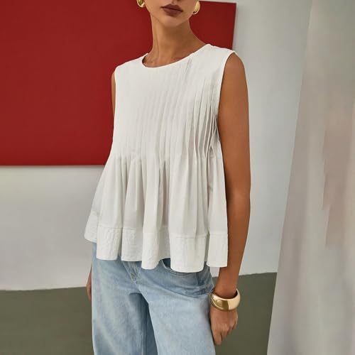 WOWULOVELY Womens Summer Pleated Peplum Sleeveless Blouse Tank Tops Crew Neck Babydoll Blouse Y2K Round Shirt 20254