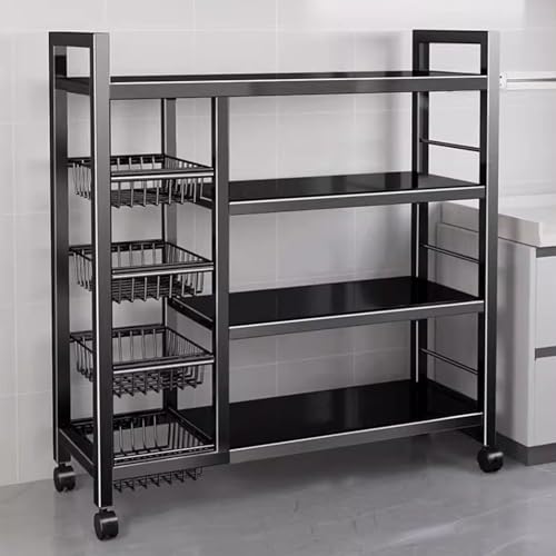 VVVineanie Un Bastidor de Almacenamiento de Metal Resistente y Duradero con 4 Capas y 4 Cestas de Malla, Equipado con Rodillos y Altura Ajustable de 5 Centímetros (Negro, 36x12.6x53in/90x32x135cm)