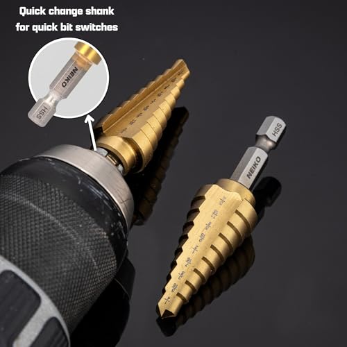 Image of NEIKO 10608A Step Drill Bit, 9 Steps 1 /4 inch to 3 /4 inch Spiral High Speed Steel, Titanium Nitride Coated, 1 /4 inch Quick Change Step Bits for Steel, Metal, Wood, Plastic, Unibit Cone Drill Bits, Two Flute