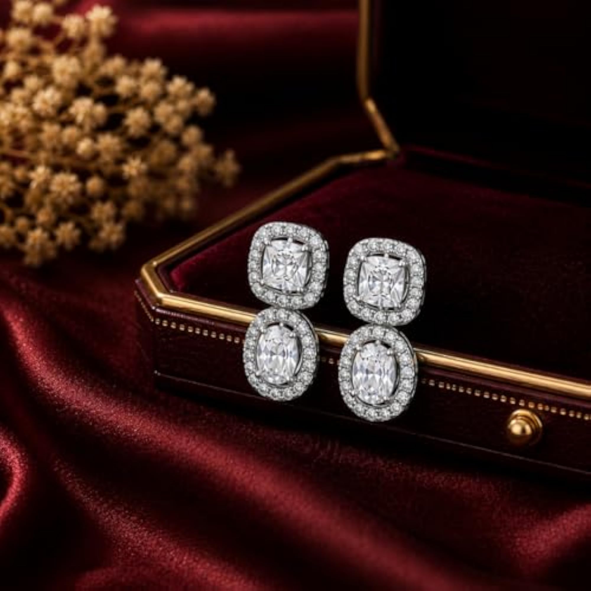 Women's 925 Sterling Cushion & Oval Halo Drop Earrings