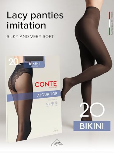 Image of Conte French Cut Sheer Pantyhose Tights with Lace Top Panties Bikini 20 Den, Black (Nero), Small