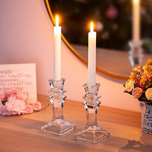 Sziqiqi Crystal Taper Candle Holder Set of 2, Clear Glass Candlestick Holders Square Base Table Centerpiece for Wedding Party Gifts Christmas Event Decoration, Transparent