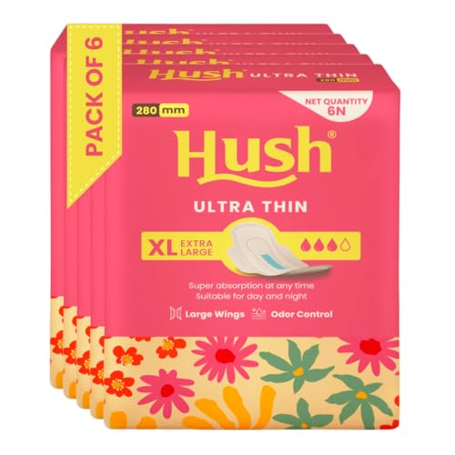Image of Hush Ultrathin Sanitary Pads | 280mm | Super Absorption | Large Wings | Odour Lock | Comfortable & Long-Lasting Protection | Pack of 6 | XL | 36 Sanitary Pads