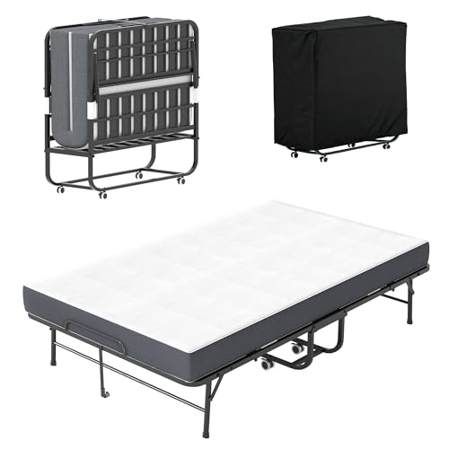 mysteeldepot Folding Bed with Mattress, Roll Away Beds for Adult, 74'x 46' Portable Rollaway Bed with Memory Mattress and Metal Frame, Foldable Bed for Home Office Outdoor Camping