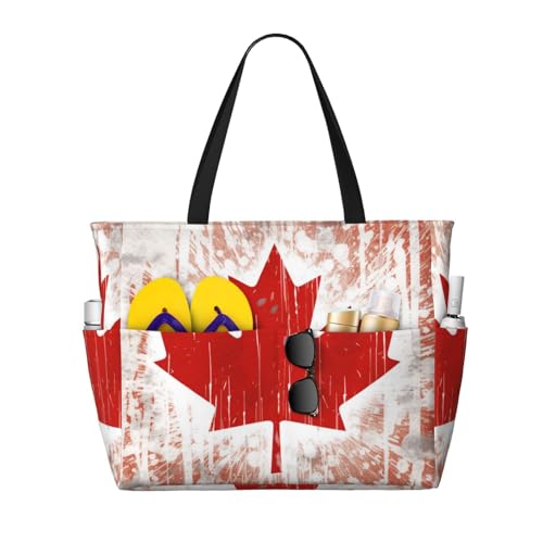 (Canada Flag) Large Beach Tote Bag for Women Waterproof Sandproof Travel Shoulder Bag with Pocket for Pool Vacation Weekend Gym