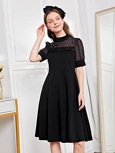 WDIRARA Girl's Dress for Summer Sheer Mesh Puff Short Sleeve Mock Neck Pearls Flared Dress4