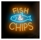 Hängende Kunst Leuchtreklamen Neonschild "Fish & Chips" USB-betrieben, Dimmbar, Restaurant-Geschäftsdekor, Machen Sie Ihr Geschäft Glänzender, 38cm