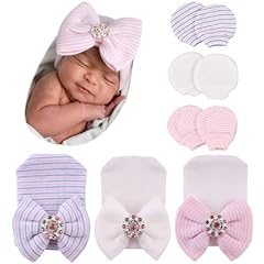 3 Pack Hat + Mittens: White & Pink, White, Striped Blue Pink / 0-3 Month