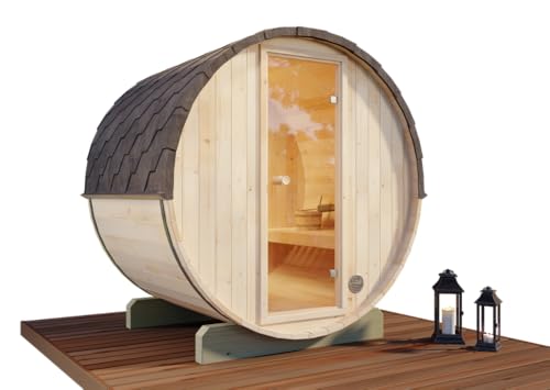 FinnTherm Fass-Sauna Mini XS, 194 x 160 x 194 cm Gartensauna, Outdoor Sauna mit 42 mm Wandstärke, inkl. Montagematerial, Glastür aus Sicherheitsglas, 3 Personen, inkl. Dachschindeln, Außensauna