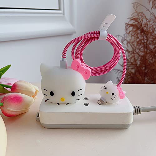 Togbel Cute Cartoon Protective Case for iPhone 20W USB-C Adapter Charger Cable Unique Design Funny Fun Kawaii 3D Cartoon Protective Charger Cover Cable Protector for Family Men Women (White KT)