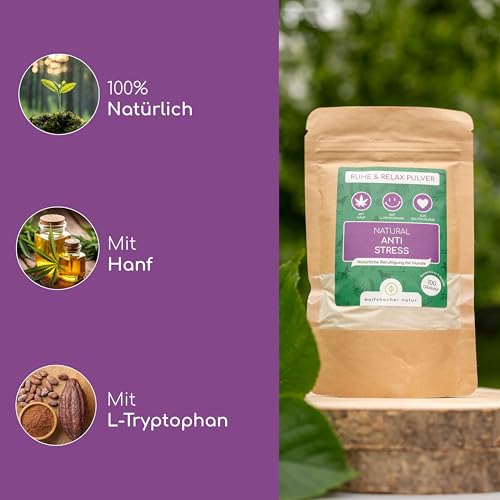Wolfsbacher Natürliches Beruhigungsmittel für Hunde | Mit Hanf bei Stress und L-Tryptophan für Ruhe und Entspannung | Anti-Stress Pulver für Hunde