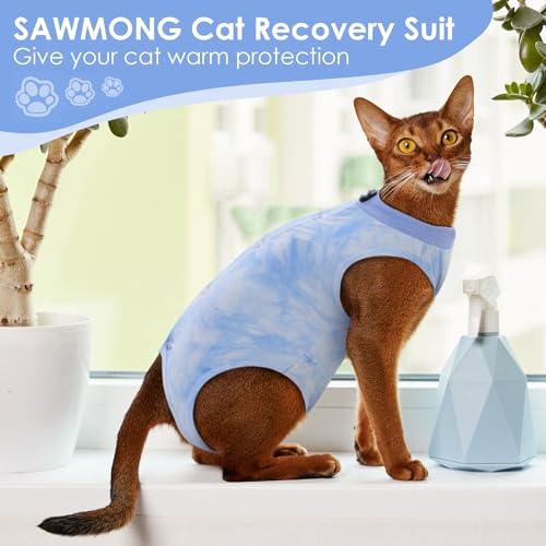 Image of SAWMONG Cat Surgery Recovery Suit,Breathable Cat Onesie After Surgery Spay Surgical,E-Collar Alternative Non-Lick Pet Body Suit Blue S
