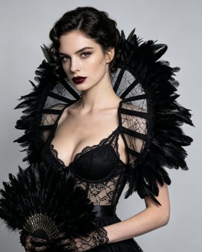 Feather Lace Shoulder Cape Gothic Stand up Collar for Halloween (Black) - image 7