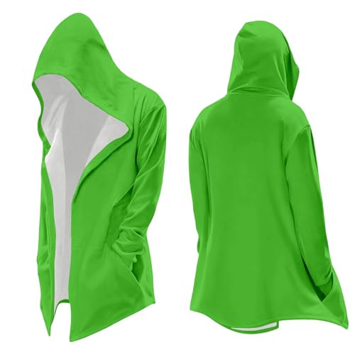 Ropa medieval para hombre, vintage, vikingo, sudadera con capucha, retro, monocolor, capa con capucha, cosplay, carnaval, disfraz, holgado, ligero, frente abierto, cárdigan de punto grande, O Verde, M