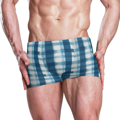 Blue Buffalo Check Plaid Mens Swim Trunk Swimwear Bathing Suit Swim Brief Square Leg Board Short S B04039512