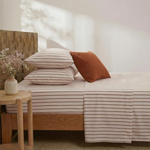 Image of Merryword 100% Cotton Sheet Set Full Size - Beige and Terracotta Striped Bedding, Soft Breathable Percale Weave, Deep Pocket Fitted Sheet 17.5 inch, Luxury & Silky Soft Sheet Set for All Seasons