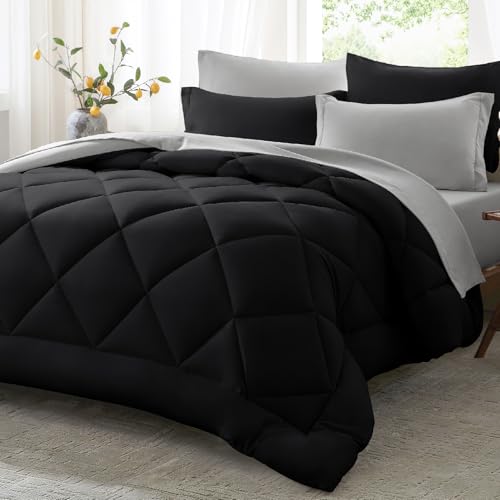 Anluoer King Comforter Set,Black and Grey Bed in a Bag 7 Piece,Lightweight Bedding Set with Soft Down Alternative Fill,Bed Set Includes Comforter, Fitted Sheet, Flat Sheet,Pillowcases and Shams