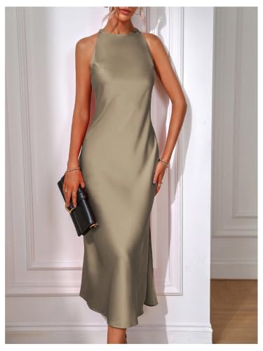 Image of Floerns Women's Elegant Crew Neck Maxi Slit Cocktail Tank Wedding Dress | Boat Neck, Side Slit, Long, Party, Cocktail, Formal, Rehearsal Dinner Guest Midi Dress