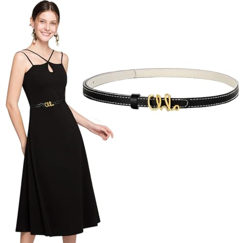 Narrow black and white belt for women, gold-tone leather buckle, trendy, thin, for jeans, pants, dresses