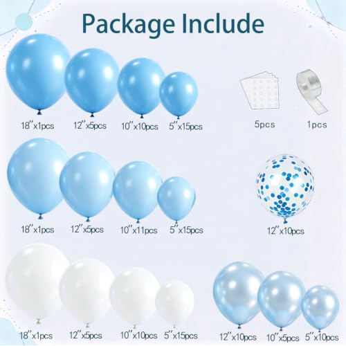 Image of Blocesa Pearl Blue and White Balloons Arch Kit Double Stuffed, Party Decor. | Baby /Light Pearl Blue White Confetti Blue Balloons Latex for Boy Baby Showers Gender Reveals Weddings Birthdays Decoration.