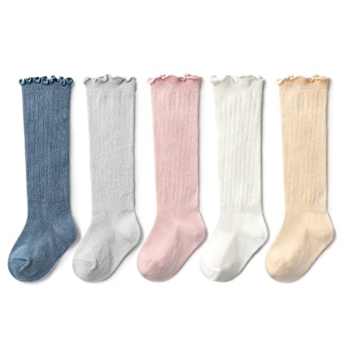 Image of KEREDA Baby Girls Knee High Socks 5 Pairs Toddlers Tube Ruffled Stockings 0-5T