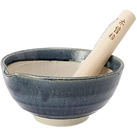 TIKUSAN Ceramic Ripple Ridge Mortar & Pestle (Suribachi & Surikogi) Set with Spout Made in Japan Mino Ware (Large, Blue) Cover