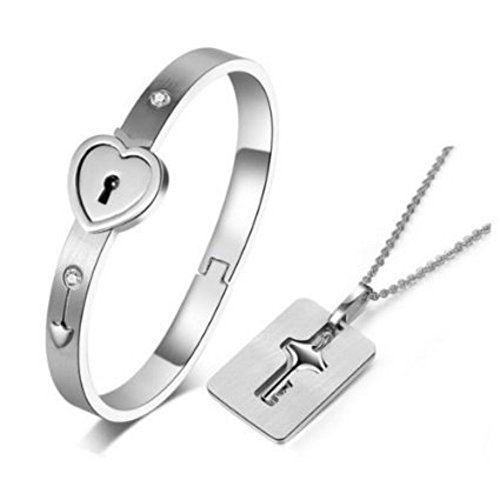 Carffany Heart Lock Love Bracelet Bangle Key Necklace Lover Jewelry Set for Couple