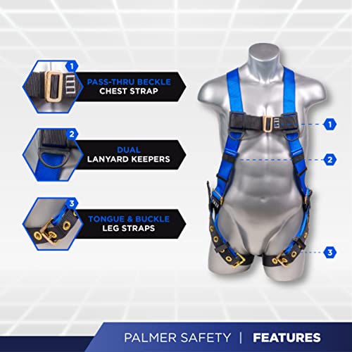 Palmer Safety Full Body Construction Harness With 5 Point Adjustment, 1D-Ring, Grommet Legs, And Fall Indicators I Osha Ansi Roofing Tool Personal Equipment (Blue - Universal) 1D - Universal #TOP1