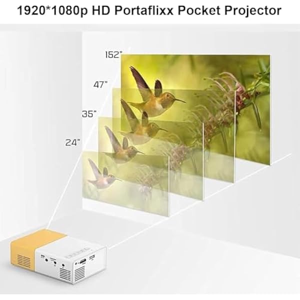 Portaflixx Pocket Projector 2.0 Bluetooth, draagbare mini-projector, 1920 x 1080p, 4K HD, 600 lumen, outdoor filmprojector voor smartphone, met HDMI USB-interfaces en afstandsbediening (geel)
